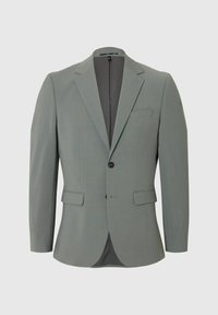 Blazer grigio con una texture semplice, due tasche frontali, chiusura con un solo bottone e rever a punta. Interno foderato in tessuto scuro.