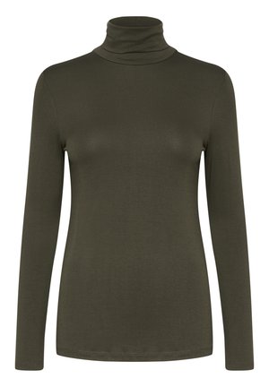 Chemise à col roulé à manches longues de couleur vert olive en tissu lisse et extensible, avec une coupe ajustée et un col haut.