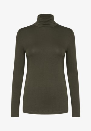 Hedvábně zelený dlouhý rukáv roláček z hladké, elastické tkaniny s přiléhavým střihem a vysokým límcem.