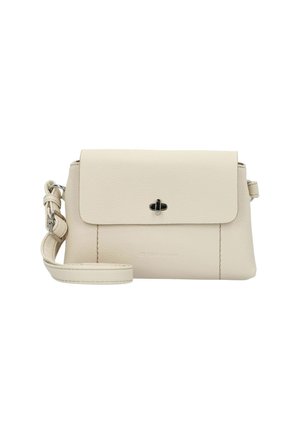 Sac en cuir beige porté croisé avec une fermeture à rabat et un fermoir en métal argenté, doté d'une bandoulière amovible et d'une surface texturée.