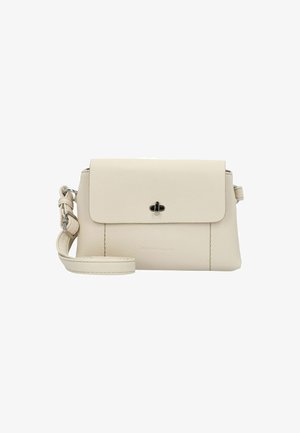 Borsa a tracolla in pelle beige con chiusura a pattina e clasp in tono argento, dotata di tracolla rimovibile e superficie testurizzata.