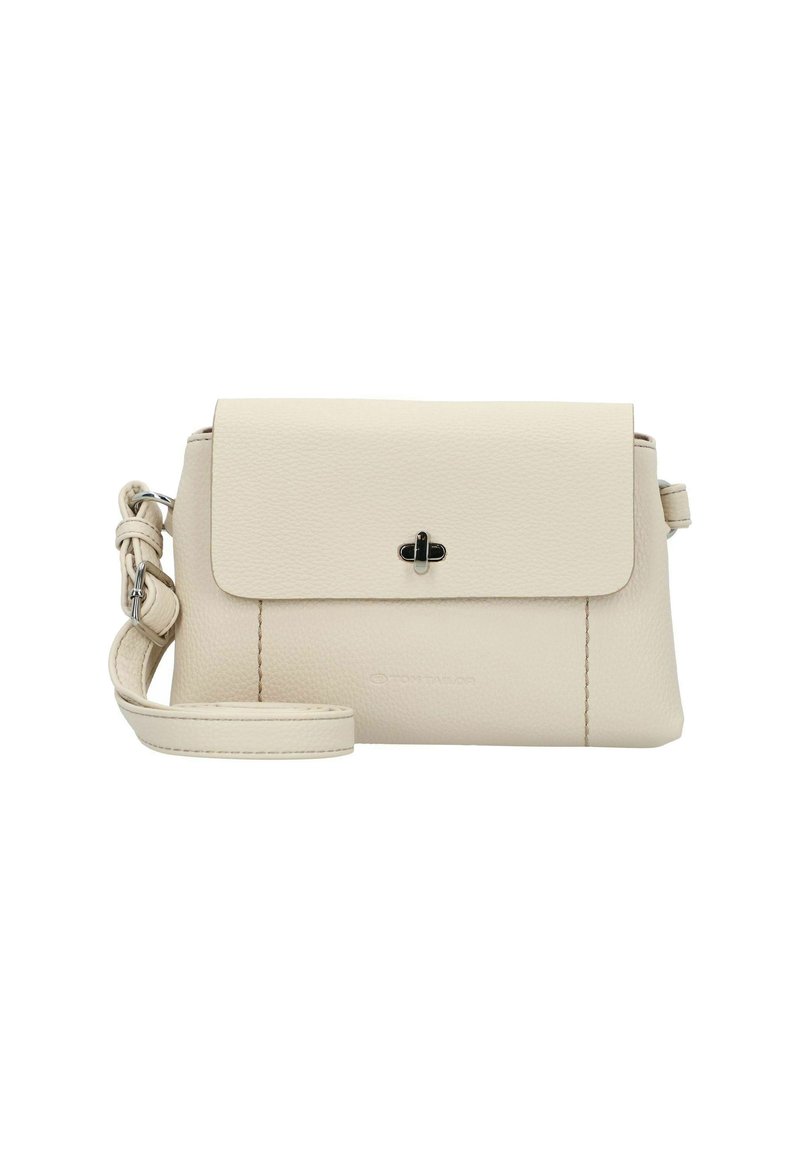 Borsa a tracolla in pelle beige con chiusura a pattina e clasp in tono argento, dotata di tracolla rimovibile e superficie testurizzata.