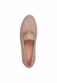 Light pink suede loafer with a stitched design, round toe, and gold chain hardware accent on the front. Soft interior lining visible.