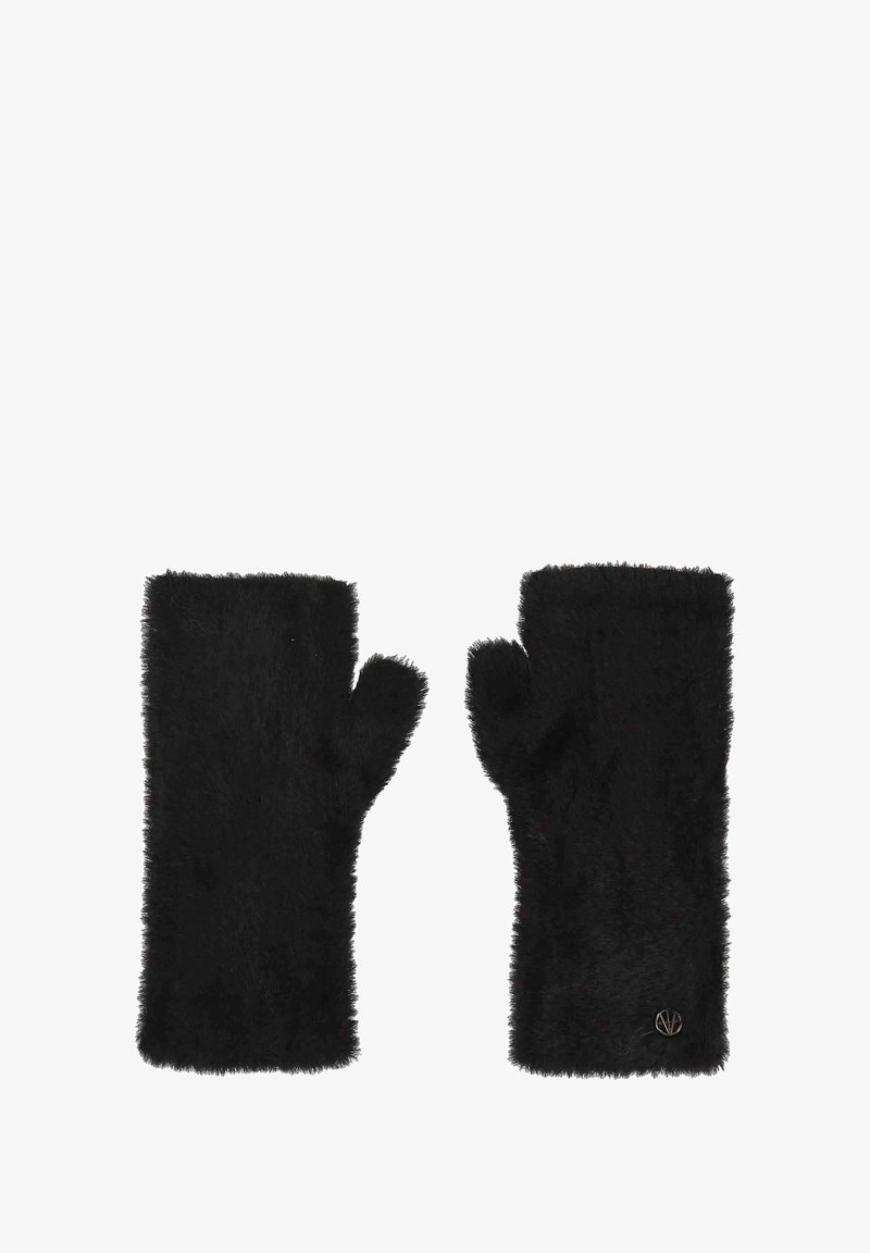 Melnas, pūkainas cimdošas bez pirkstiem, izgatavotas no mīksta materiāla. Ar teksturētu virsmu un logo akcentu uz vienas plaukstas. Taisnstūra forma.