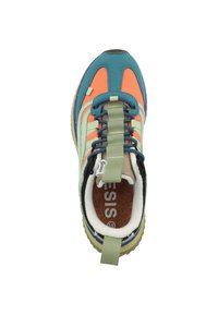 Multicolored sneaker featuring a teal, orange, and green upper, textured fabric, and reinforced heel with a pull tab and patterned sole.
