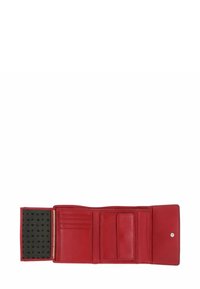 Portefeuille en cuir rouge avec plusieurs emplacements pour cartes, une section pour les billets et une doublure noire texturée ornée de petits motifs de cœurs.