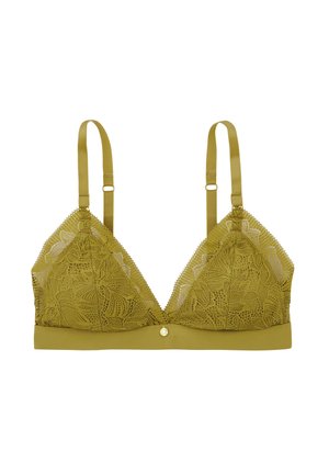 Bralette en dentelle couleur vert olive avec des bonnets triangulaires, des bretelles ajustables et une bande en satin ornée d'un bouton en métal doré au centre.