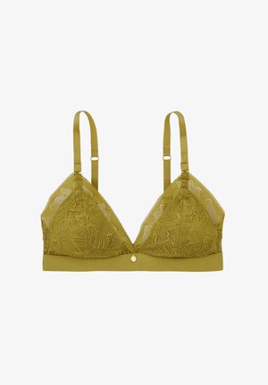 Bralette en dentelle couleur vert olive avec des bonnets triangulaires, des bretelles ajustables et une bande en satin ornée d'un bouton en métal doré au centre.