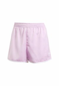Pantaloni sportivi viola chiaro con vita elastica, bordo bianco all'orlo e un logo ricamato nella parte anteriore inferiore. Tessuto leggero e liscio.