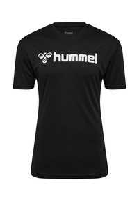 Sort kortærmet t-shirt lavet af glat stof, der har et fremtrædende hvidt "hummel" logo på tværs af brystet.