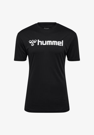 Czarna koszulka z krótkim rękawem wykonana z gładkiego materiału, z wyraźnym białym logo "hummel" na klatce piersiowej.