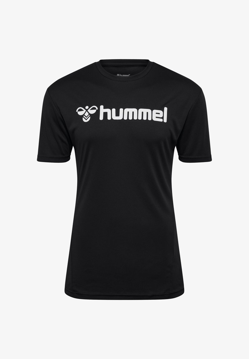 Czarna koszulka z krótkim rękawem wykonana z gładkiego materiału, z wyraźnym białym logo "hummel" na klatce piersiowej.