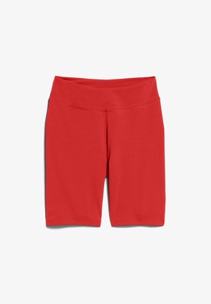 Rote Sportshorts mit hohem Bund, aus glattem Stoff gefertigt. Sie besitzen ein tailliertes Design mit einem knielangen Schnitt und keine sichtbaren Muster.