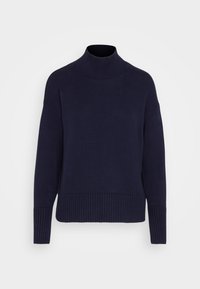 Maglione a collo alto blu navy con polsini e orlo a costine, realizzato in un morbido materiale a maglia, presenta una vestibilità comoda e un design minimale.