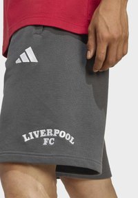 Detailní záběr osoby v šedých šortkách Liverpool FC s logem Adidas a červeném tričku, s rukou odkládající se vedle šortek.