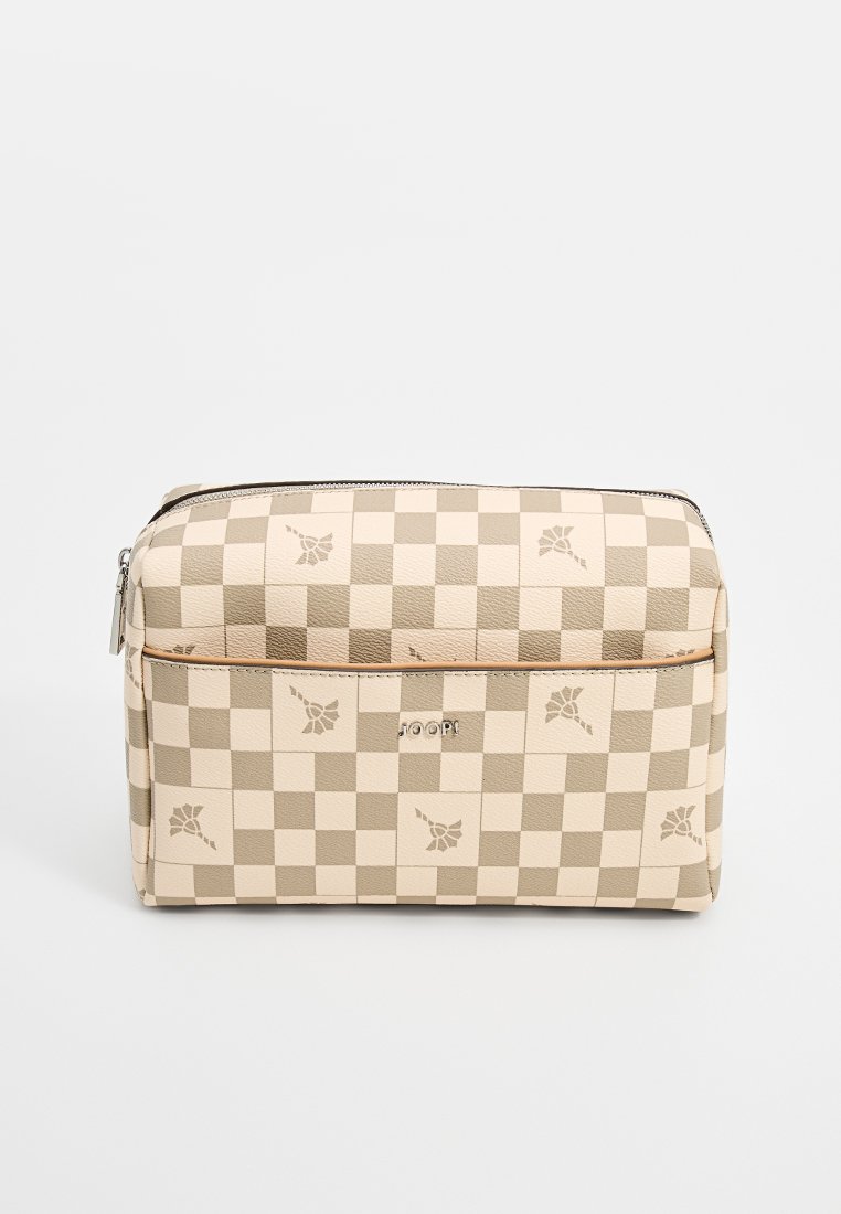 Beige und cremefarbene kariert Kosmetiktasche mit floralen Motiven, Reißverschluss, Fronttasche und silbernem JOOP! Logo.