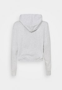Lichtgrijze cropped hoodie met lange mouwen, elastische tailleband en capuchon, gezien vanaf de achterkant tegen een effen achtergrond.