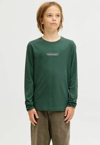 Langærmet grøn bomulds T-shirt med rund hals og et grafisk logo på brystet. Stylet med brune løstsiddende bukser.