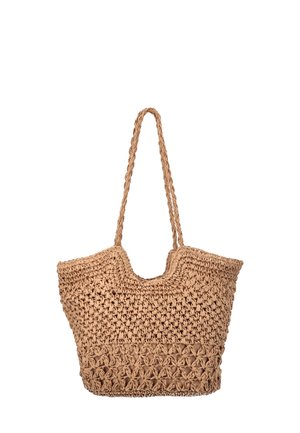 Vævet stråtaske med to lange flettede håndtag og et tekstureret åbent vævemønster på en hvid baggrund.