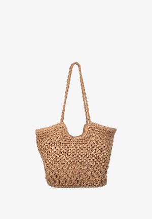 Gewebte Strohtasche mit zwei langen geflochtenen Griffen und einem strukturierten offenen Flechtmuster auf weißem Hintergrund.