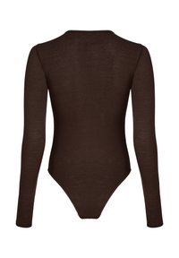 Bruine langemouwen bodysuit met een gladde, textuurafwerking. Heeft een ronde halslijn en een stringstijl achterkant.