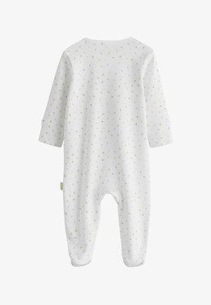 Balta bērnu zīdainīte ar reizē izkaisītu mazu, krāsainu zvaigžņu rakstu pelēkā, zaļā un persiku krāsā. Garas piedurknes ar cietām maliņām.