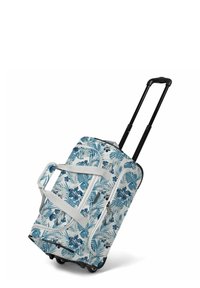 Borsa da viaggio a rullo con corpo bianco, motivo floreale e foglie blu. Dotata di manico retrattile e ruote in plastica durevoli per un facile trasporto.