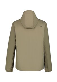 Veste coupe-vent kaki avec capuche, poignets élastiques et ourlet droit. Fabriquée en matériau lisse et léger. Petit logo sur l'épaule.