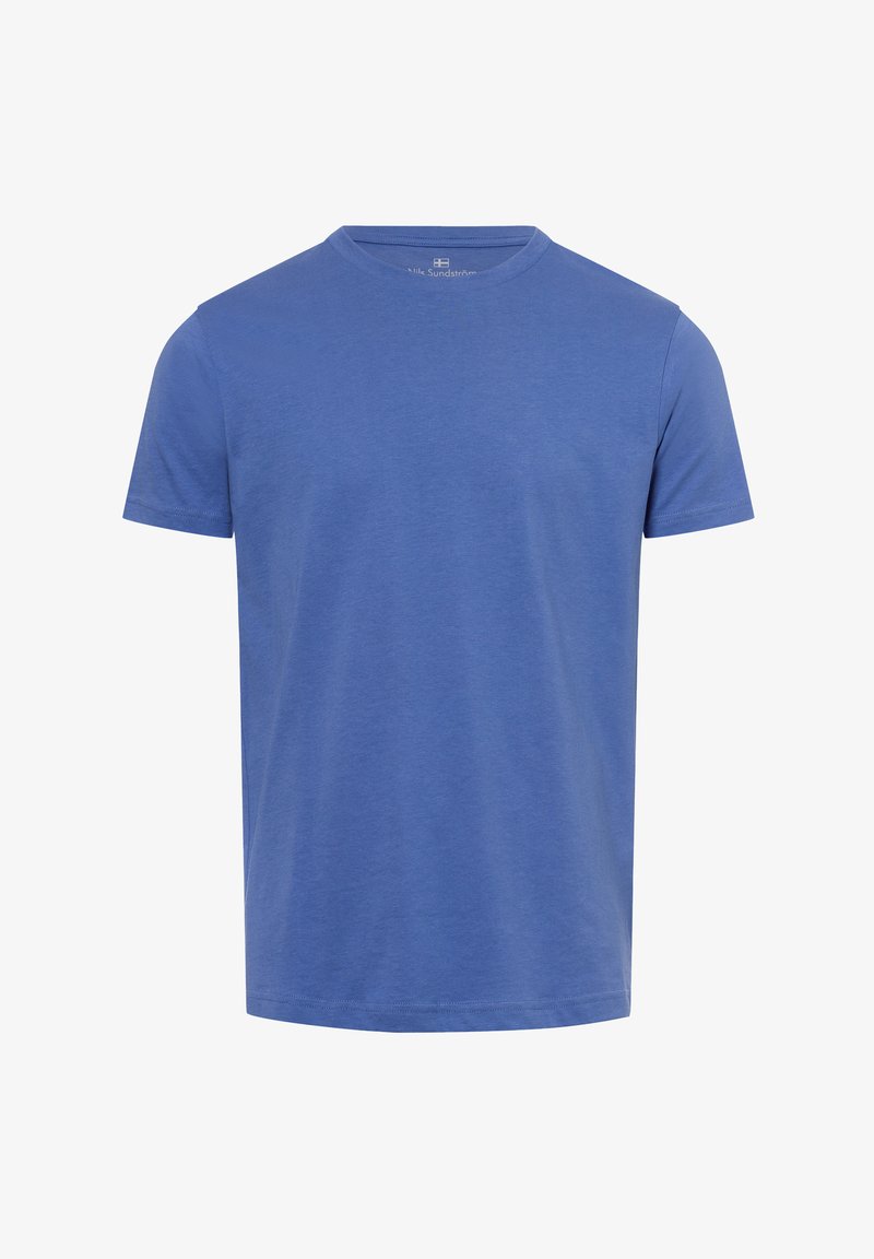 T-shirt blu a maniche corte realizzato in tessuto morbido, con colletto rotondo, design semplice e senza motivi o decorazioni.