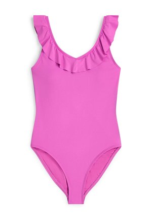 Rožinės spalvos vientisas maudymosi kostiumėlis su V formos iškirpte ir raukinukais ant pečių. Lygus audinys, aukštai kirptos kojų linijos ir paprastas dizainas.