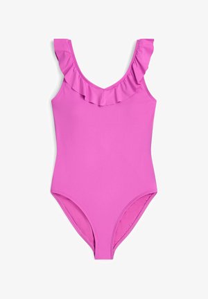 Różowy jednoczęściowy strój kąpielowy z dekoltem w kształcie litery V i marszczeniami na ramionach. Gładka faktura, wysokie wycięcie na nogi i prosty wzór.