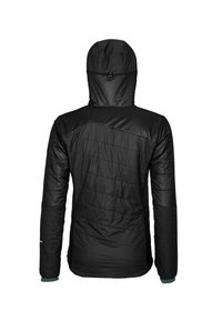 Schwarze isolierte Jacke mit Kapuze, mit abgestepptem Design, langen Ärmeln und einem teilweisen elastischen Bund. Minimalistisches Design, keine sichtbaren Logos.