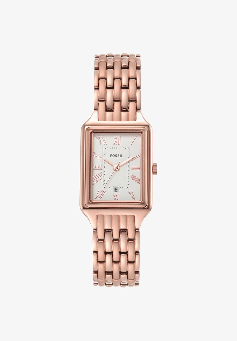 Montre-bracelet Fossil en or rose avec cadran rectangulaire, chiffres romains, trois aiguilles et affichage de la date à six heures.