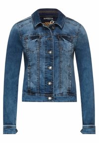 Jeansjacka i mörkblått med klassisk krage, knäppning framtill, två bröstfickor och långa ärmar med knäppningar vid manchetten. Sliten texturdetaljer.