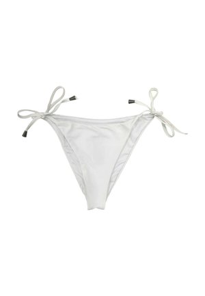 Slip bikini bianco con laccetti laterali e punte nere, mostrato su uno sfondo bianco semplice.