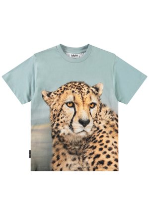 T-shirt bleu clair à manches courtes avec une grande impression détaillée du visage et du haut du corps d'un guépard à l'avant.