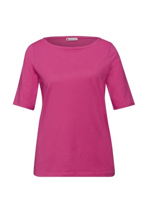 Chemise rose vif à manches courtes avec un col rond et un ourlet droit, fabriquée en tissu doux, étiquetée "Street One" à l'intérieur du col.