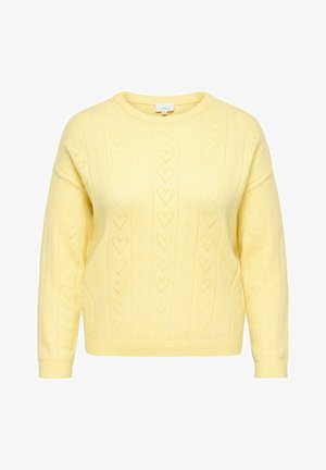 Gele gebreide trui met lange mouwen en hartvormige opengewerkte patronen, geribbelde manchetten en zoom, en een ronde halslijn.