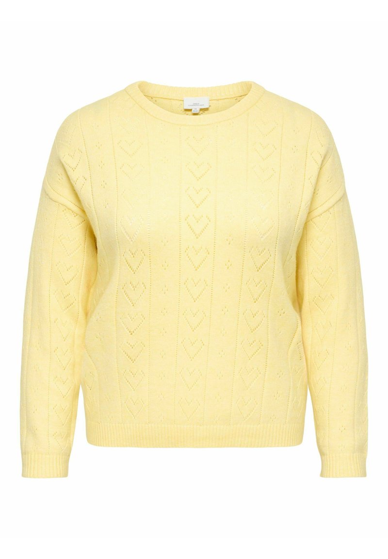 Pull en tricot jaune à manches longues avec des motifs ajourés en forme de cœur, des poignets et une bordure côtelés, et un col rond.