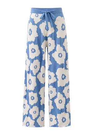 Blauwe wijde broek met grote witte bloemenpatronen en een trekkoord in de taille, gebreide stof, casual stijl.