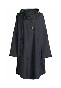 Poncho de pluie noir imperméable avec capuche, patte de fermeture à boutons pression sur la poitrine, poches avant et cordons néon verts.