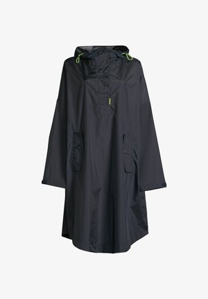 Schwarzer wasserdichter Regenponcho mit Kapuze, Druckknopf-Brustleiste, vorderen Taschen und neongrünen Kordeln.