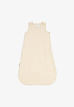 Katoenen slaapzak in lichtcrème met kleine gele stippen, voorzien van een mouwloos ontwerp, schouderdrukkers en een zijrits voor gemakkelijke toegang.