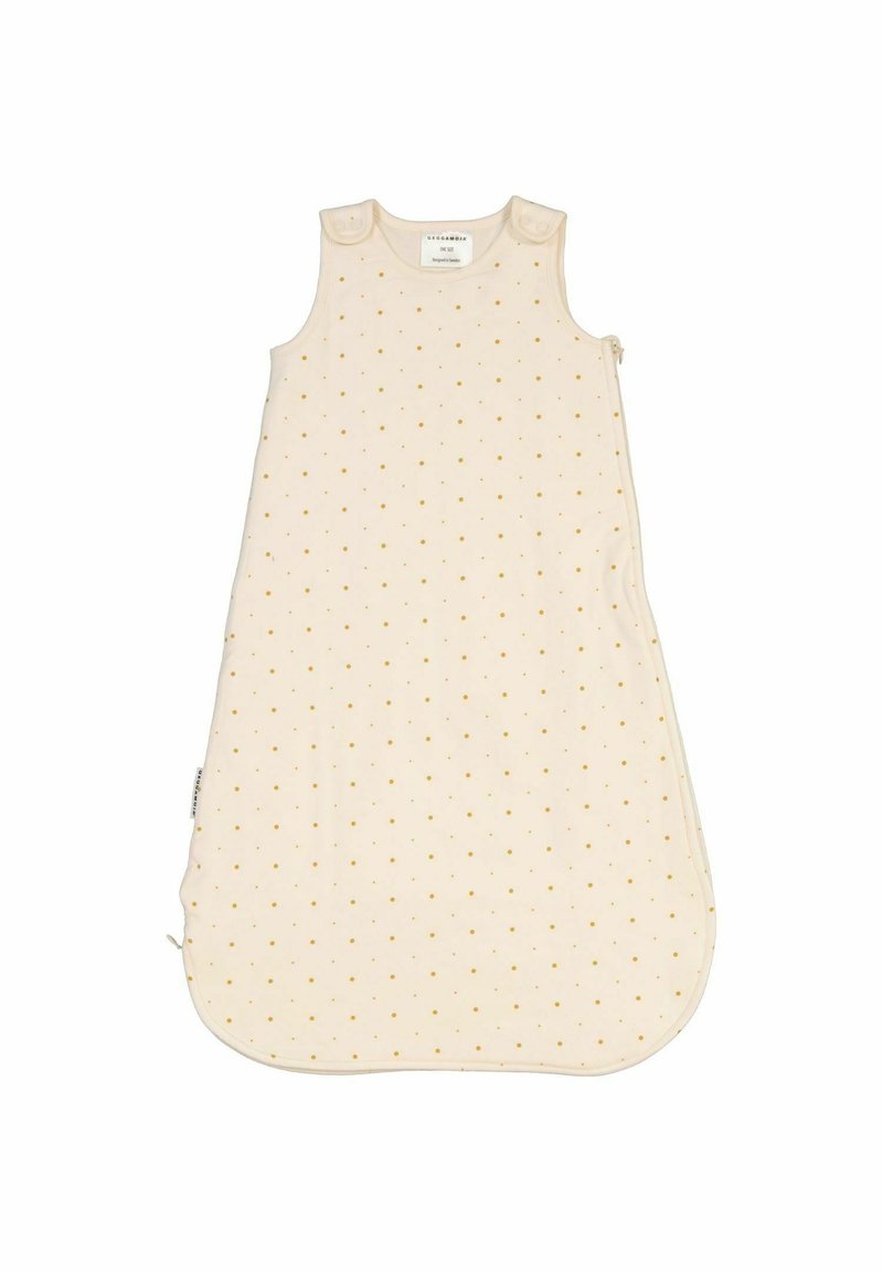 Puuvillane unepagari kergelt kreemjas värvitoonis, millel on väikesed kollased täpid, varrukateta disain, õlavarre nupud ja külgkäepide, et lihtsustada sissepääsu.