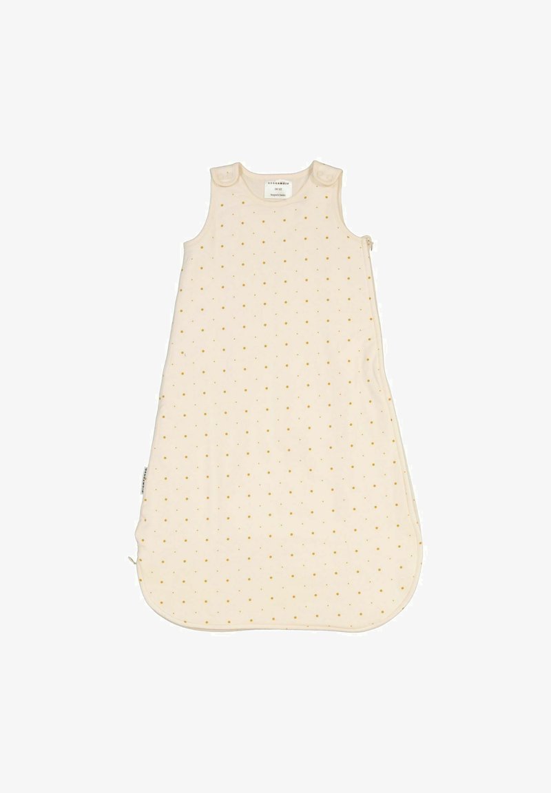 Puuvillane unepagari kergelt kreemjas värvitoonis, millel on väikesed kollased täpid, varrukateta disain, õlavarre nupud ja külgkäepide, et lihtsustada sissepääsu.