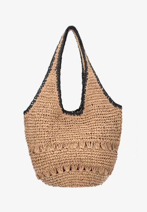 Taske vævet af lyst halm med sort kant og åben vævning foran samt én skulderrem.