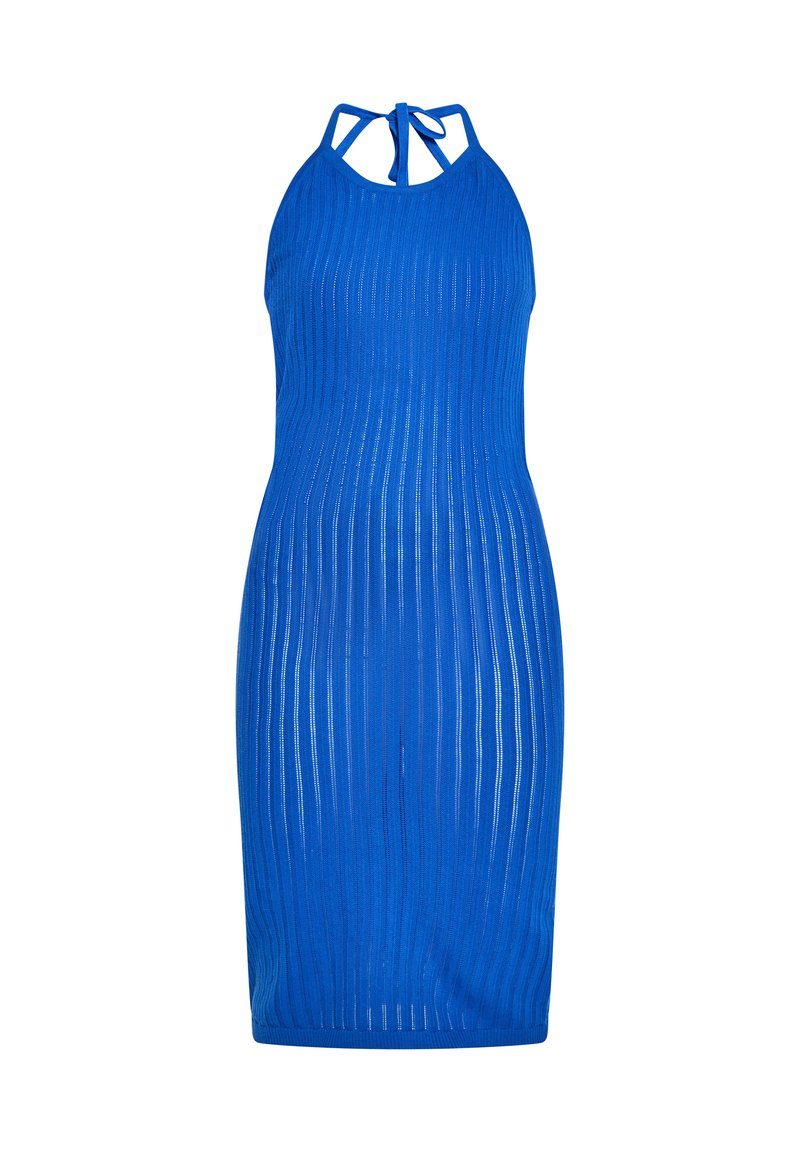 Gestricktes Neckholderkleid in leuchtendem Blau mit vertikaler Rippenstruktur, figurnahem Schnitt und Bindeband am Hals.
