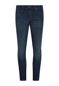 Slim-fit mörkblå denimjeans med en slät yta, klassisk femfickdesign och subtila blekningsdetaljer längs benen.