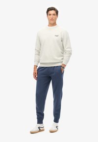 Lys grå sweatshirt med rund halsudskæring, blå sweatpants og hvide sneakers med sorte detaljer. Casual, komfortabel pasform, synlig logo detaljer.