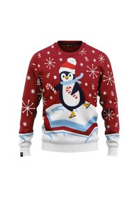 Red sweater featuring a penguin skating on ice, adorned with white snowflakes and a striped scarf. Made of knitted fabric with ribbed cuffs.